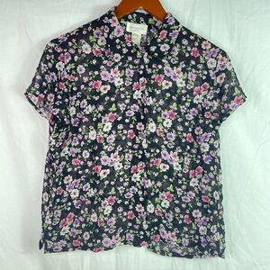 NWT JONES NY Sport Womens Sheer Floral Blouse Top Sz 12P Black Career 100% SILK